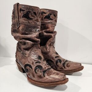 CORRAL Cowboy Boots Snip Toe Slouch Black Sequin Inlay Brown Sz 7 Cowgirl Rodeo